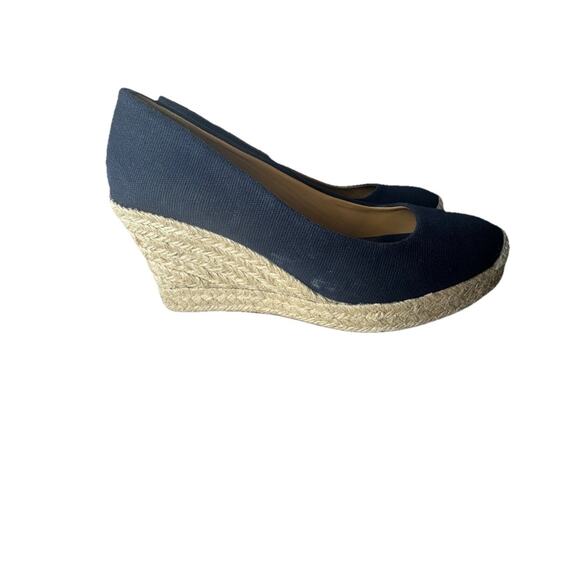 J Crew Seville Canvas 6.5 Wedge Espadrille Pump Blue Cream Slip On Beach Coast - Picture 1 of 11